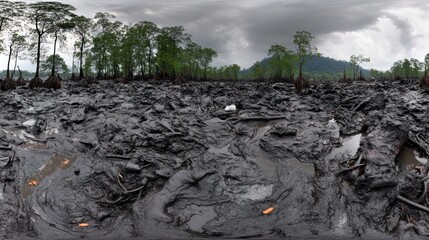 Devastated mangrove forest covered in thick, black oil spill.