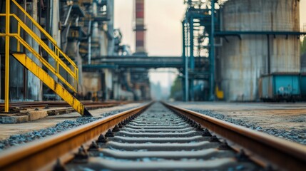 A view down railway tracks leads the eye through an industrial landscape, framed by metal structures and warm evening light.
