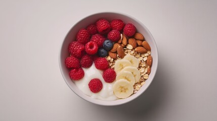 Delicious and nutritious fruit and yogurt bowl with raspberries, banana, almonds, oats, and blueberry