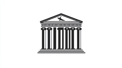 Fototapeta premium Classical building, columns, pediment, bird, white background, architectural design