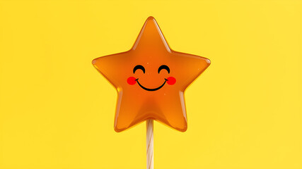 Christmas Star jelly on wood stick, smile, 3d cute, front view, marmalade, isolated, yellow background. Generative AI