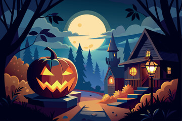 Fototapeta premium A halloween pumpkin lantern at night against a dark misty background plus a copy of the halloween lantern isolated against a transparent background to overlay onto an alternative background.