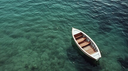 A small rowboat drifts on clear, tranquil waters under the soft glow of dense greenery, creating a serene escape.