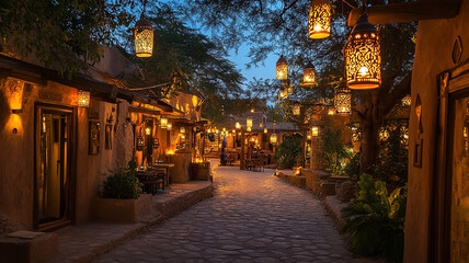 Fototapeta premium A night scene of lanterns and lights illuminating a heritage village in the Middle East