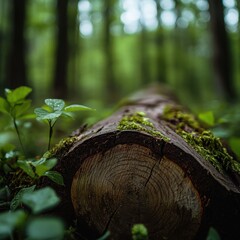 Fototapeta premium A close-up shot of a tree trunk with visible rings and a smooth wooden texture, surrounded by a blur of bright, springtime greenery. 