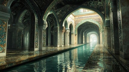 Serene Aquatic Palace: Teal Mosaics and Tranquil Water