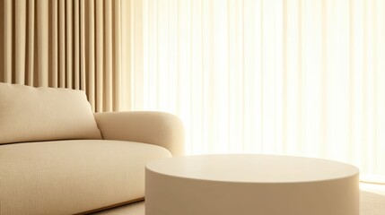 Minimalist interior design with beige sofa and curtains in sunlit living room