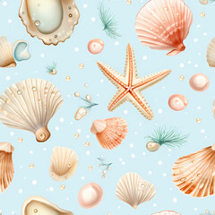 Colorful seashells, sea star, and bubbles create a lively underwater theme
