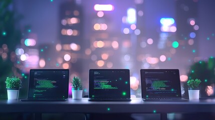 Fototapeta premium Laptops with Coding Screens in Urban Night Setting