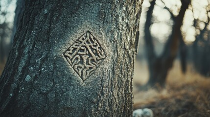 Intricate carving on tree bark amidst a tranquil forest setting, casting mysterious shadows in the late afternoon sun.