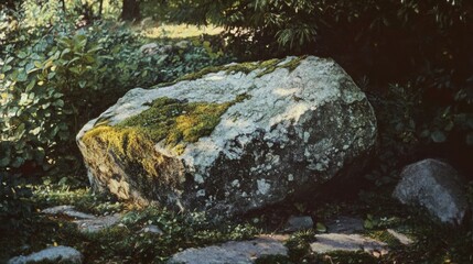 A moss-covered boulder in a sunlit forest clearing exudes a sense of ancient wisdom and tranquility, nestled amidst verdant growth.