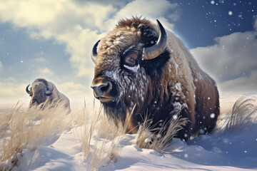 Buffalo Bison Animal Wildlife Wilderness Colorful Realistic Illustration