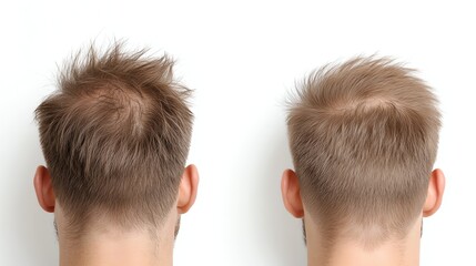 Fototapeta premium Comparison of two haircuts, showcasing different styles and lengths viewed from the back, isolated on a white background.