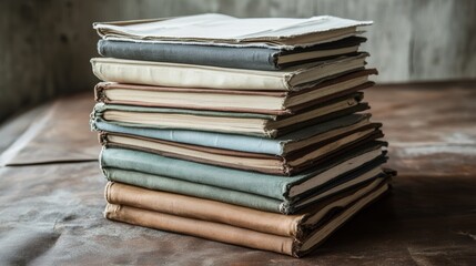 A stack of aged books with worn covers sits on a rustic wooden table, evoking nostalgia and history.