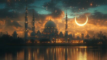 Fototapeta premium Ramadan Fantastical mosque with crescent moon and stars against galactic sky reflected in calm water