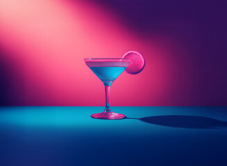 A vibrant blue cocktail in a martini glass sits on a teal surface, bathed in pink and purple light.  The drink is garnished with a citrus slice.