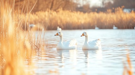 Tranquil morning scene with swans on a serene lake in autumn nature setting
