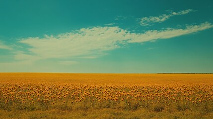 Endless sunflowers reach toward the expansive blue sky, forming a vibrant tapestry of nature's abundance and golden beauty.