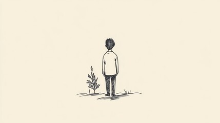 A solitary figure stands before a small plant, contemplating nature in a minimalist setting