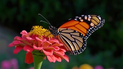 Obraz premium Monarch butterfly feeding on a vibrant pink zinnia flower.