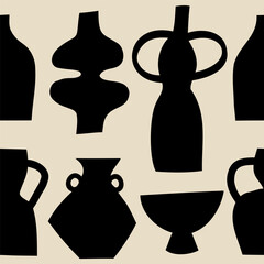 Black and white seamless pattern with ceramic pottery tableware. Silhouettes of different pottery vases and ceramic shapes. Vector illustration.