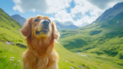 Fototapeta premium Golden retriever in serene mountain landscape with clear blue skies