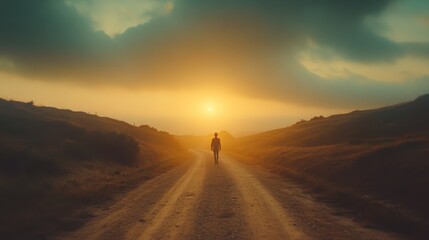 Fototapeta premium A solitary traveler walks towards a golden sunset along a dusty road, embodying introspection and the promise of new beginnings.