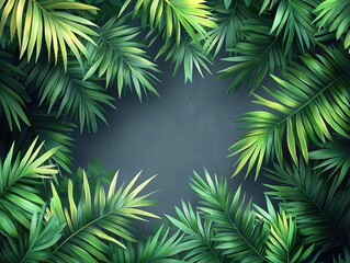Obraz premium Lush green palm leaves framing a dark background for design purposes.