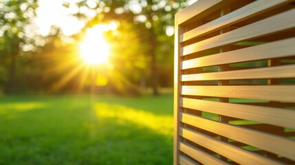 Fototapeta premium Sunlit wooden fence in a green garden at sunset