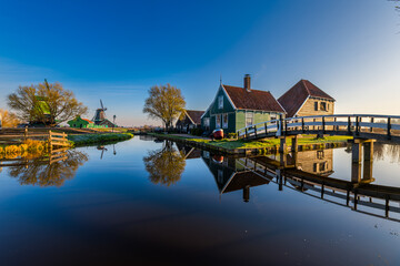 Fototapeta premium View of the small historic village of Zaanse Schans at sunrise, Holland, Netherlands
