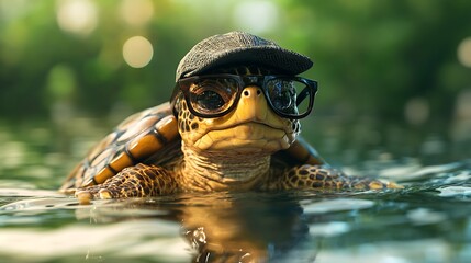 A turtle wearing glasses and a cap, floating in the water
