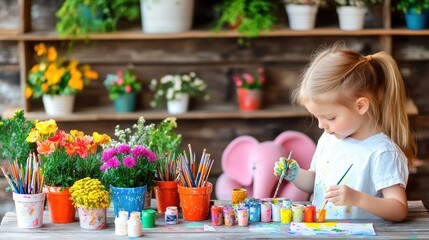Fototapeta premium Little girl painting flowers, colorful art supplies.