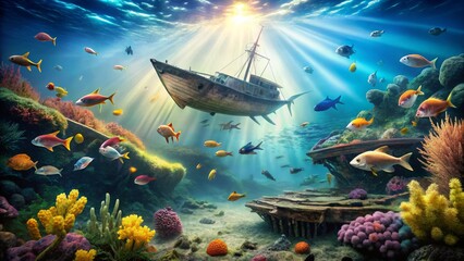Fototapeta premium Underwater Scene of Sunken Ship and Colorful Tropical Fish