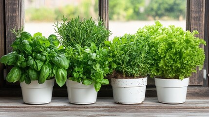 Fototapeta premium Fresh herbs potted windowsill garden greenery kitchen