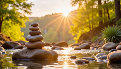 Obraz premium Serene meditation stones balancing in gentle river, finding harmony