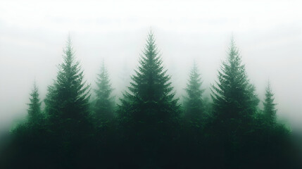 Fototapeta premium Misty mountain forest, evergreen trees, foggy background, nature scene, calming wallpaper
