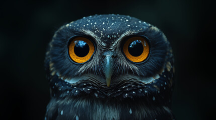 Fototapeta premium Spotted owl face close up with striking yellow eyes against dark background. Wildlife and nocturnal predator portrait concept