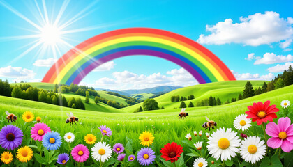 Fototapeta premium Vibrant meadow with rainbow and bees, celebrating nature's beauty