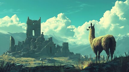 Llama Amidst Ruins: A llama stands sentinel against a backdrop of crumbling stone ruins and towering mountains, a poignant juxtaposition of ancient history and the present moment. Its gaze.