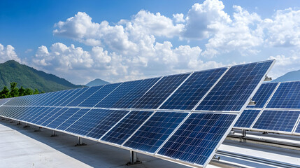 Solar panels on rooftop, mountain view, energy