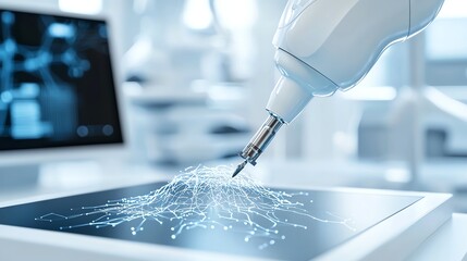 Robotic arm working on touchscreen interface, illustrating advanced technology and innovation in a modern lab setting.