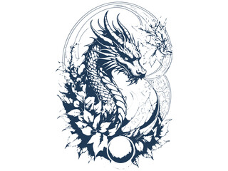 Obraz premium Dragon in vertical celestial design Line art sketch tattoo.