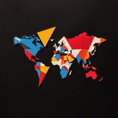 A world map in geometric, angular shapes with each country represented by bold primary colors like red, blue, and yellow. 
