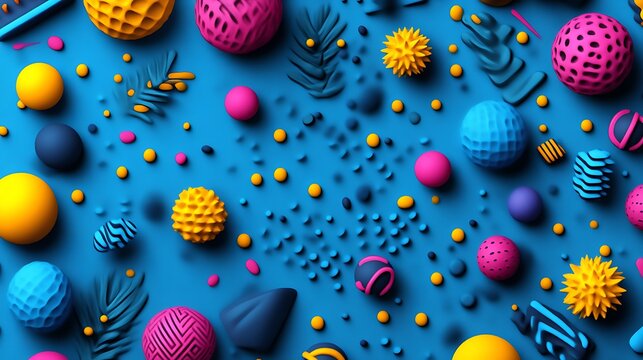 Abstract Colorful Shapes Scattered Across Blue Background