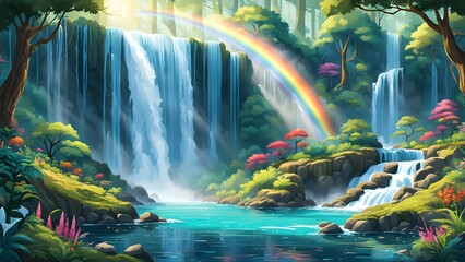 Lush, vibrant illustration of a serene waterfall cascading into a tranquil pool, framed by a rainbow in a magical forest.
