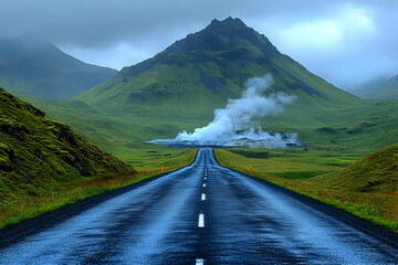 Asphalt Road Leading to a Geothermal Area in Misty Green Mountains