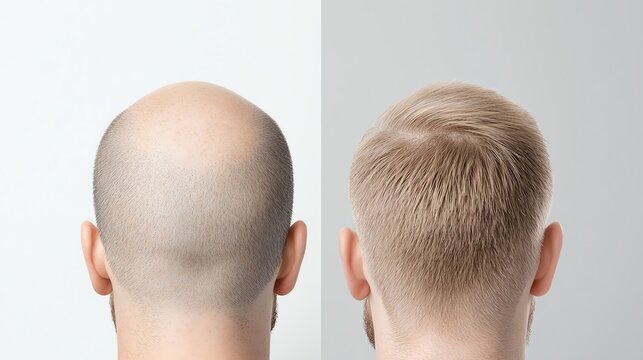 Comparison of a bald head and a head with blonde hair from the back, showcasing hair transformation and growth.