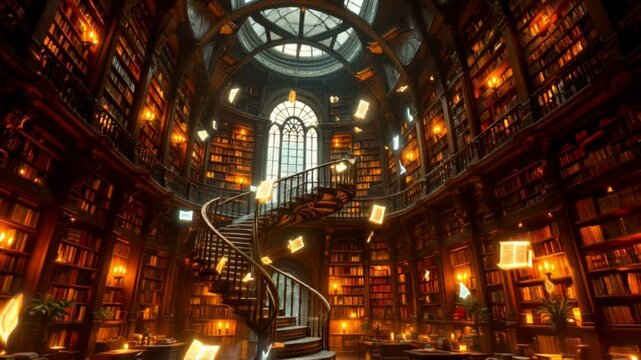 Grand Library at Dusk:  A breathtaking view of a grand, circular library filled with towering bookshelves, a sweeping spiral staircase, and the warm glow of countless candles and lamps at dusk.
