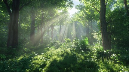 Obraz premium Tranquil sunrays amidst a lush woodland