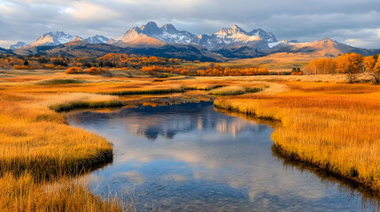 Naklejka premium Autumnal mountain reflection in valley stream
